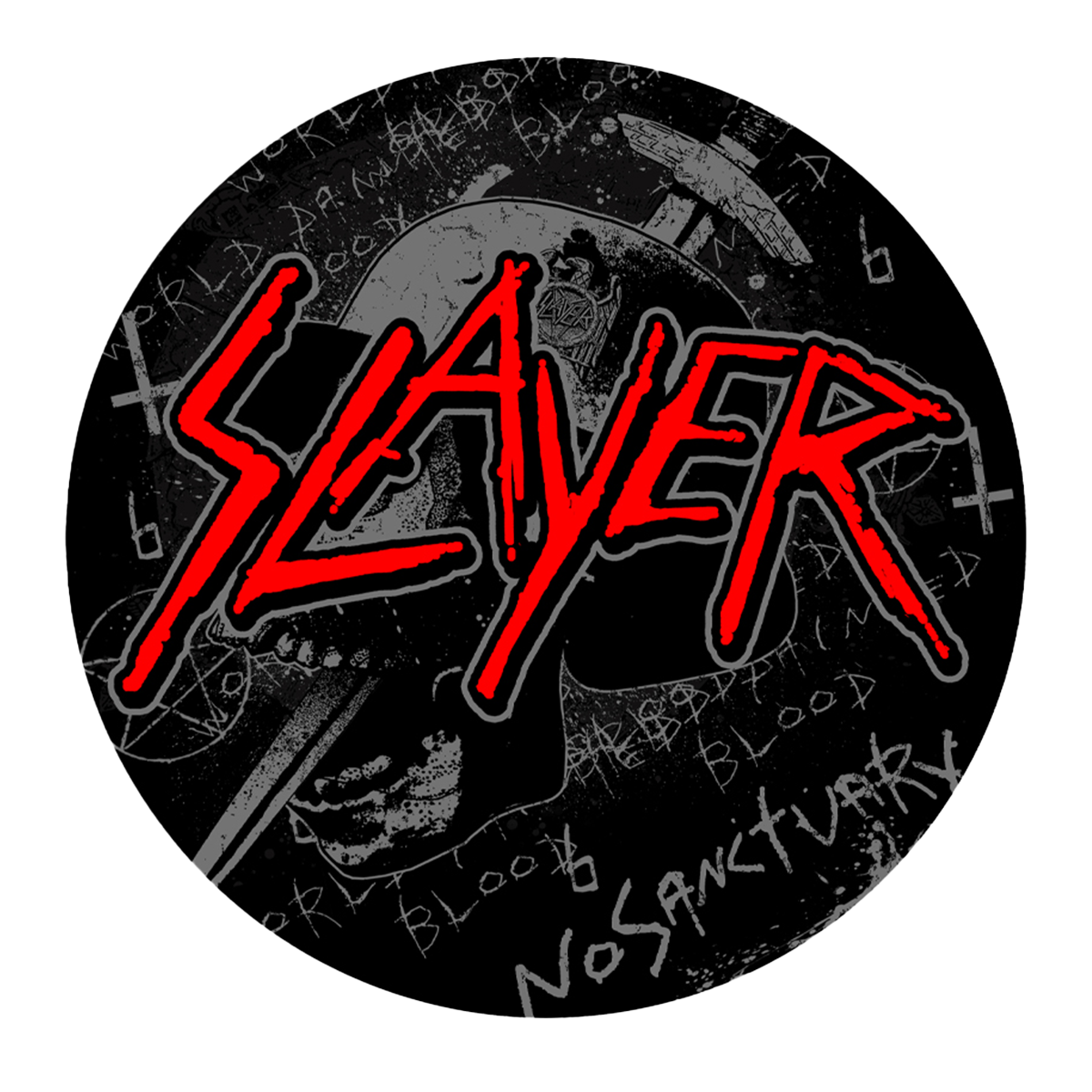 Slayer 'No Sanctuary' Round Car Decal—Featuring the iconic Slayer logo, this bold emblem is the perfect addition for any die-hard fan.
