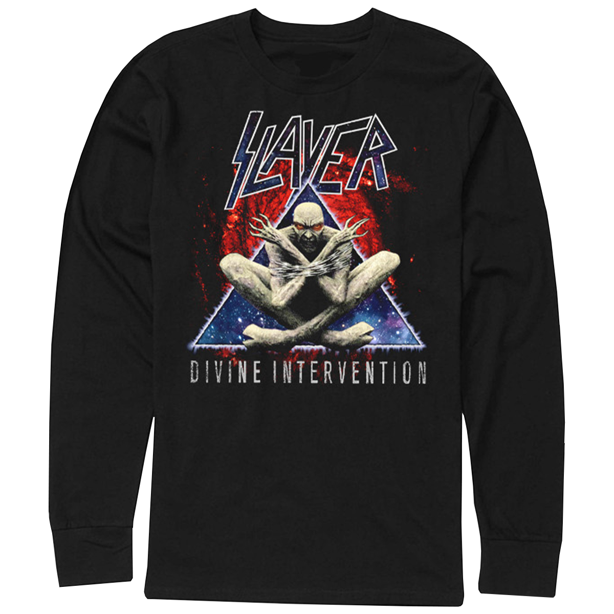 The Divine Triangle Demon Long Sleeve Tee was specially designed to celebrate the 30th anniversary of Slayer's legendary Divine Intervention album. he detailed demon triangle design stands boldly against the premium fabric, making it a perfect tribute to Slayer’s iconic album.
Made from 100% combed ring-spun cotton