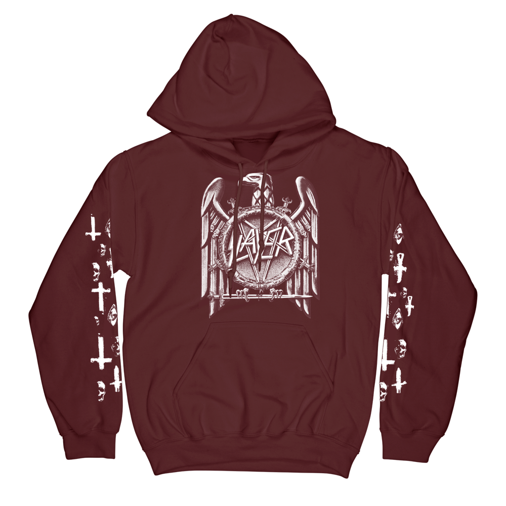 Slayer Maroon Hoodie with Eagle Logo, with skulls and crosses on the sleeves