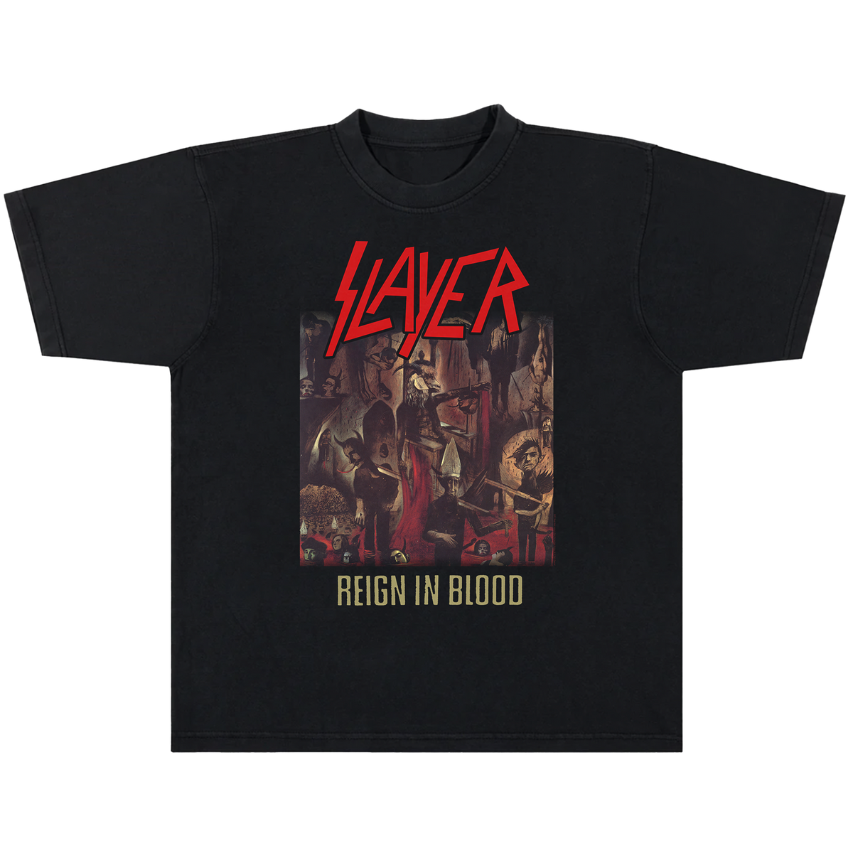 Featuring a bold black Slayer logo across a blood-red base, this tee is built for comfort and attitude—designed to make a statement.