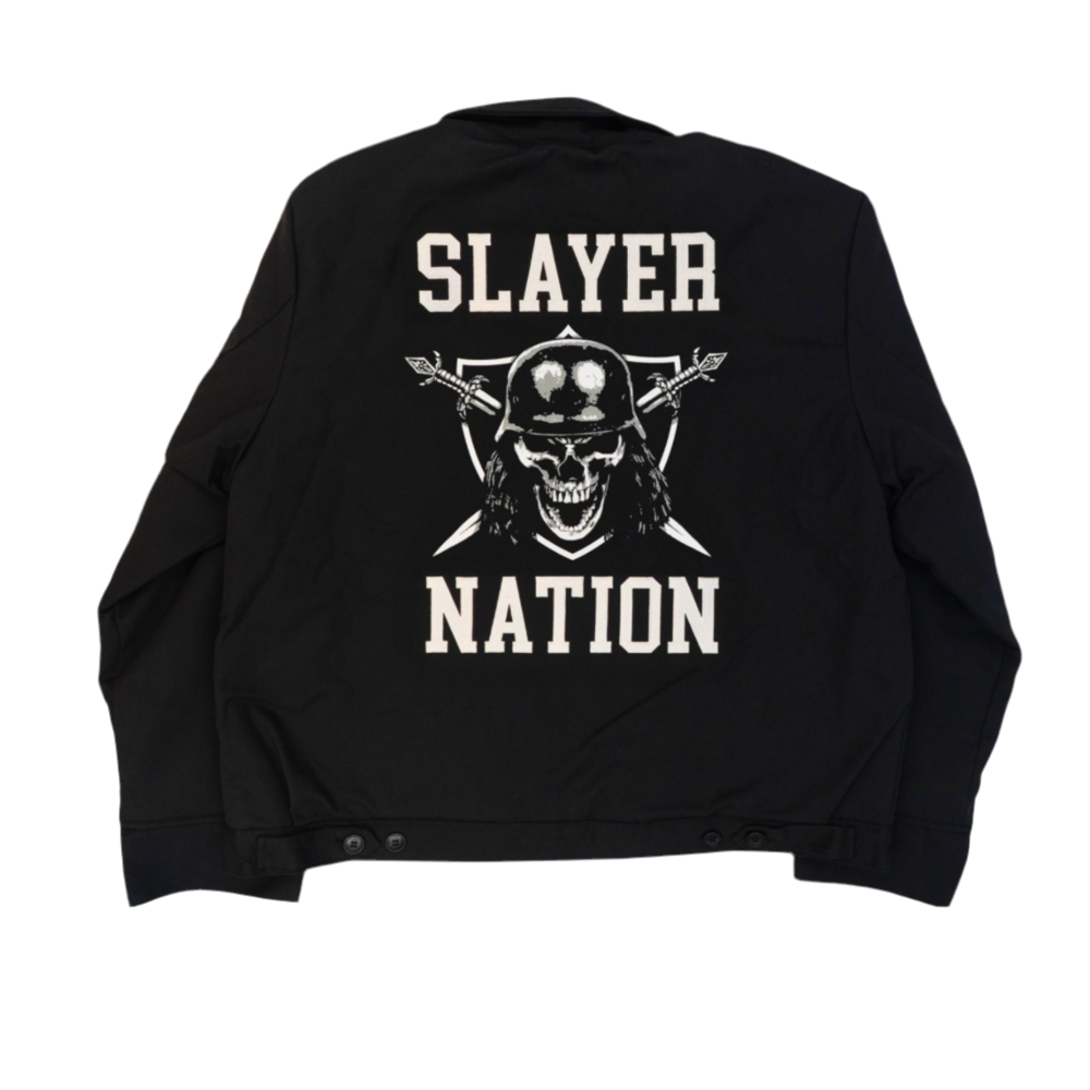 this Dickies-inspired jacket pays homage to the band that defined a generation of metalheads. Featuring the unmistakable "Slayer Nation" skull and crossbones graphic on the back and a nod to Slayer‚Äôs roots with the ‚Äú81‚Äù chest emblem, this piece blends timeless style with headbanging history.