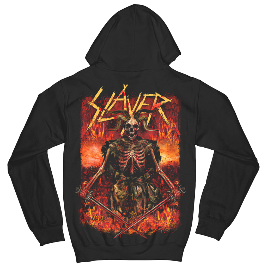 The "Fire and Blood" hoodie from Slayer brings the heat with intense front and back artwork. Featuring the fiery Slayer logo and a skeleton warrior in flames, this hoodie makes a bold statement for any Slayer fan. With a comfortable fit and a drawstring hood, it's perfect for concerts, everyday wear.