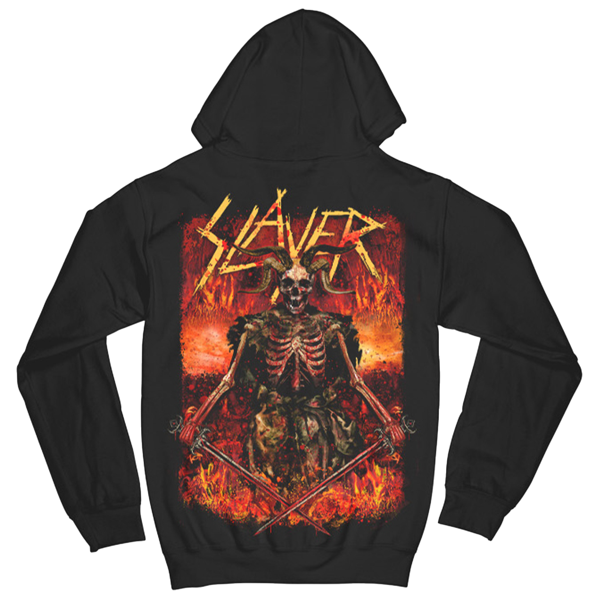 The "Fire and Blood" hoodie from Slayer brings the heat with intense front and back artwork. Featuring the fiery Slayer logo and a skeleton warrior in flames, this hoodie makes a bold statement for any Slayer fan. With a comfortable fit and a drawstring hood, it's perfect for concerts, everyday wear.