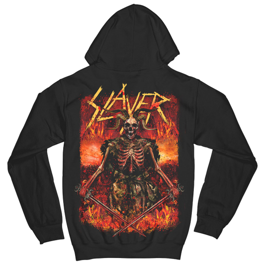 The "Fire and Blood" hoodie from Slayer brings the heat with intense front and back artwork. Featuring the fiery Slayer logo and a skeleton warrior in flames, this hoodie makes a bold statement for any Slayer fan. With a comfortable fit and a drawstring hood, it's perfect for concerts, everyday wear.