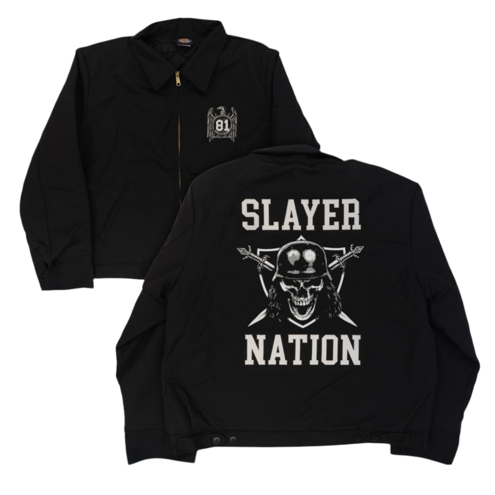 this Dickies-inspired jacket pays homage to the band that defined a generation of metalheads. Featuring the unmistakable "Slayer Nation" skull and crossbones graphic on the back and a nod to Slayer‚Äôs roots with the ‚Äú81‚Äù chest emblem, this piece blends timeless style with headbanging history.