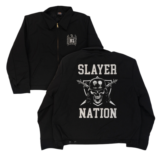this Dickies-inspired jacket pays homage to the band that defined a generation of metalheads. Featuring the unmistakable "Slayer Nation" skull and crossbones graphic on the back and a nod to Slayer‚Äôs roots with the ‚Äú81‚Äù chest emblem, this piece blends timeless style with headbanging history.