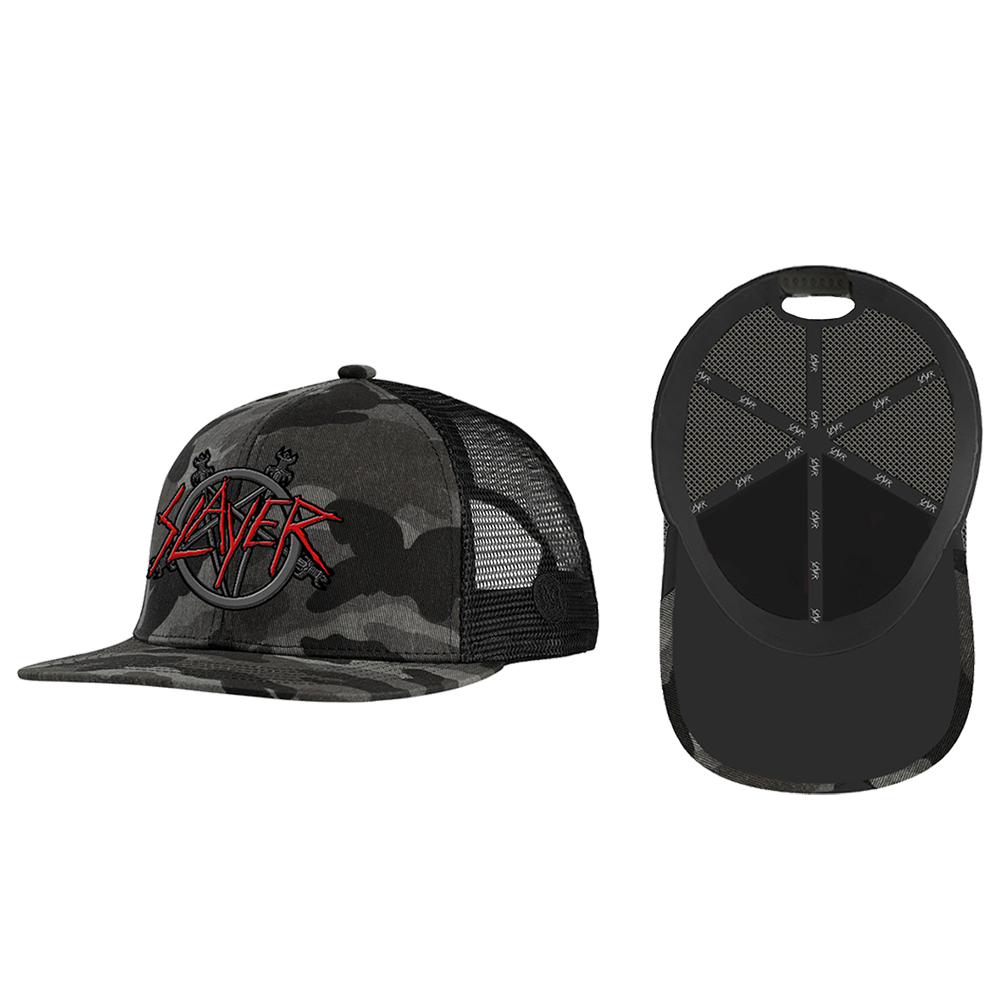 This Camo Snapback Hat features an iconic Slayer logo embroidered on the front. It has a mesh backing for style and a snapback closure to ensure a comfortable fit.