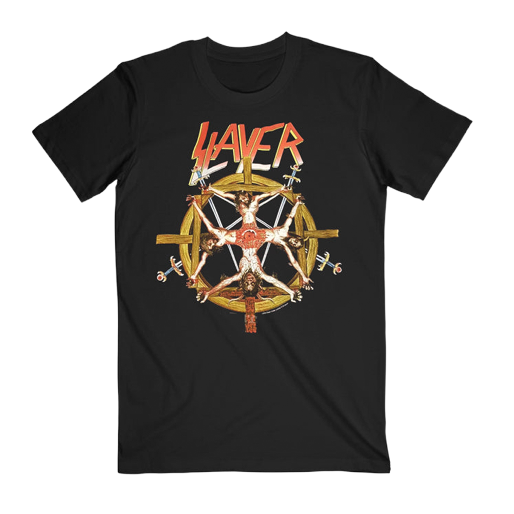 The Crucifixion Wheel Tee black tee, features a bold graphic print on the front.