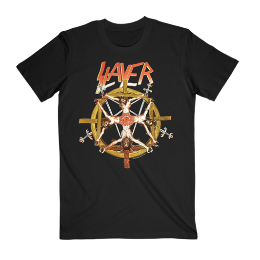 The Crucifixion Wheel Tee black tee, features a bold graphic print on the front.