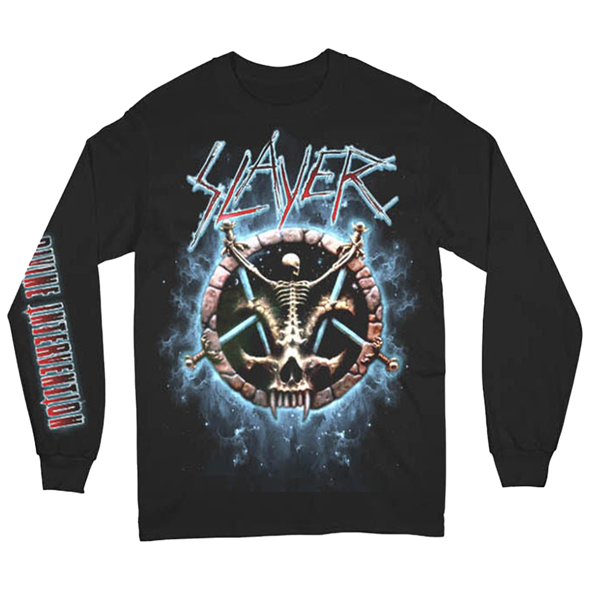 Embrace the power of Slayer's "Divine Intervention" with this long-sleeve tee. Featuring the iconic pentagram logo, this black shirt also includes "Divine Intervention" text along the sleeve and a powerful skeleton graphic on the front. With bold Slayer branding and a heavy-duty feel, this shirt is perfect for any true fan of the legendary thrash metal band.