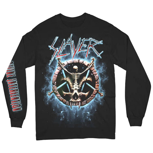 Embrace the power of Slayer's "Divine Intervention" with this long-sleeve tee. Featuring the iconic pentagram logo, this black shirt also includes "Divine Intervention" text along the sleeve and a powerful skeleton graphic on the front. With bold Slayer branding and a heavy-duty feel, this shirt is perfect for any true fan of the legendary thrash metal band.