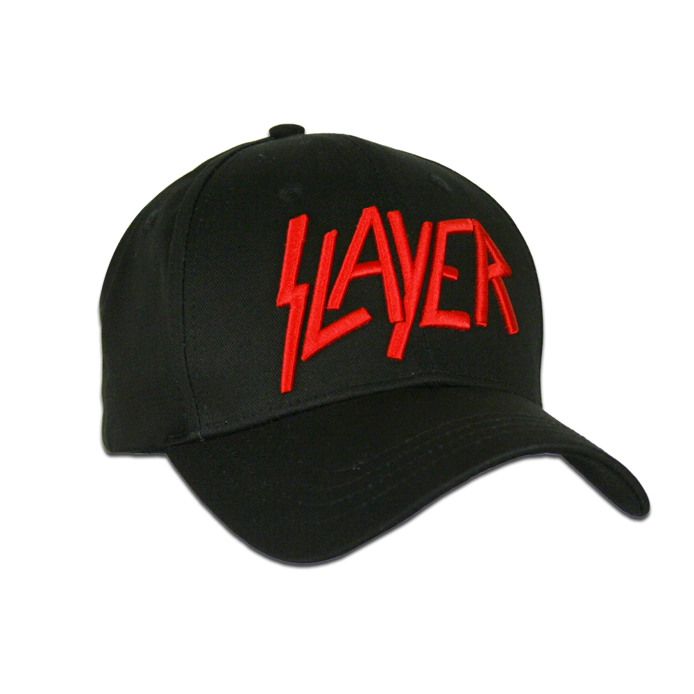 Side Angle of the Red embroidered Slayer Logo Snapback Cap