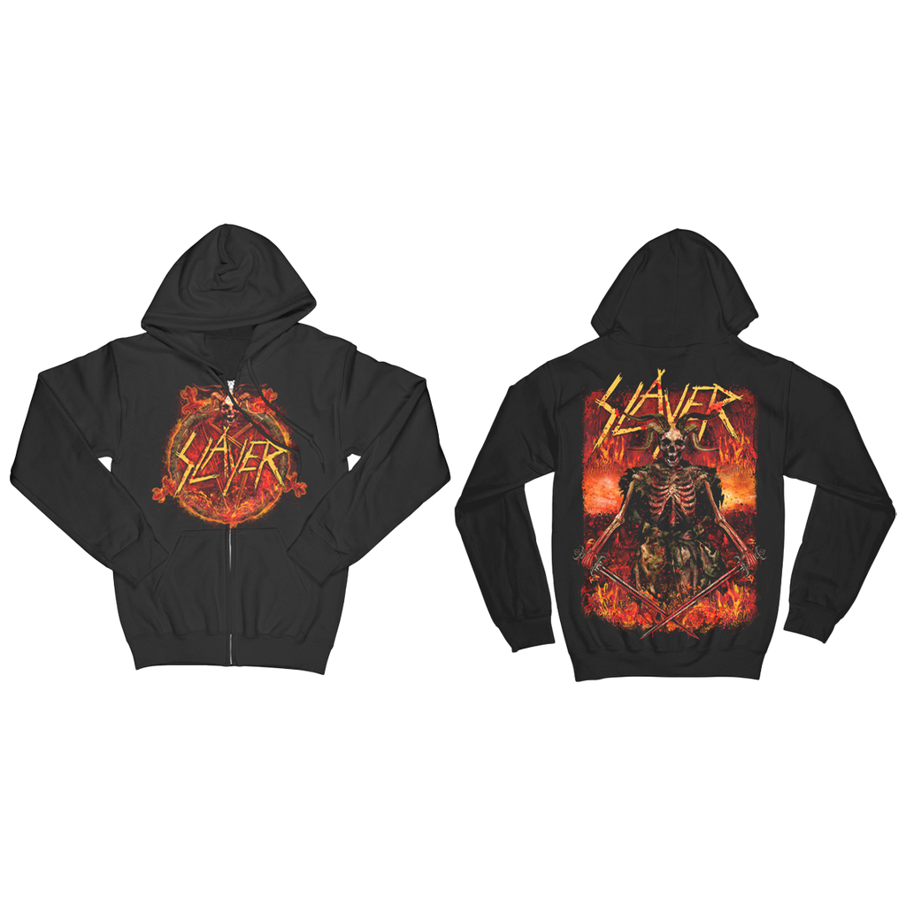 The "Fire and Blood" hoodie from Slayer brings the heat with intense front and back artwork. Featuring the fiery Slayer logo and a skeleton warrior in flames, this hoodie makes a bold statement for any Slayer fan. With a comfortable fit and a drawstring hood, it's perfect for concerts, everyday wear.