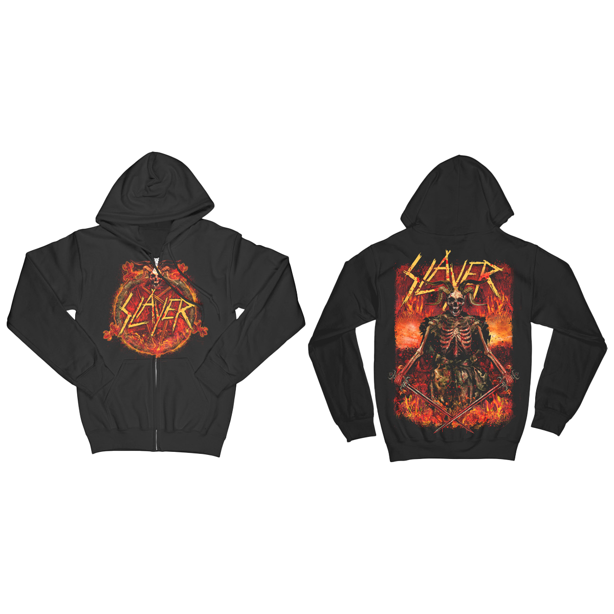 The "Fire and Blood" hoodie from Slayer brings the heat with intense front and back artwork. Featuring the fiery Slayer logo and a skeleton warrior in flames, this hoodie makes a bold statement for any Slayer fan. With a comfortable fit and a drawstring hood, it's perfect for concerts, everyday wear.