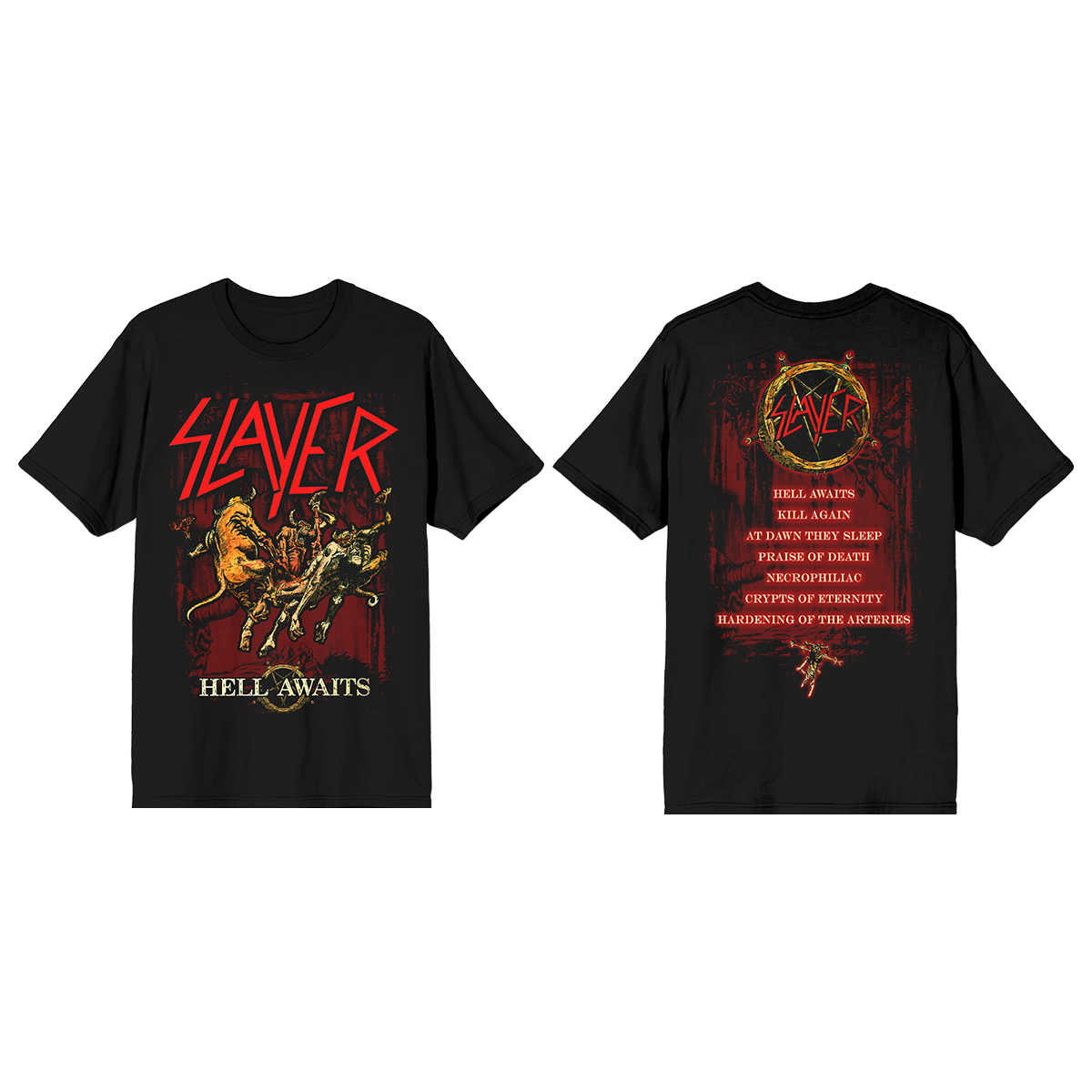 The Front and Back of the Hell Awaits tracklist tee. The front features the album artwork and the back contains the tracklist.