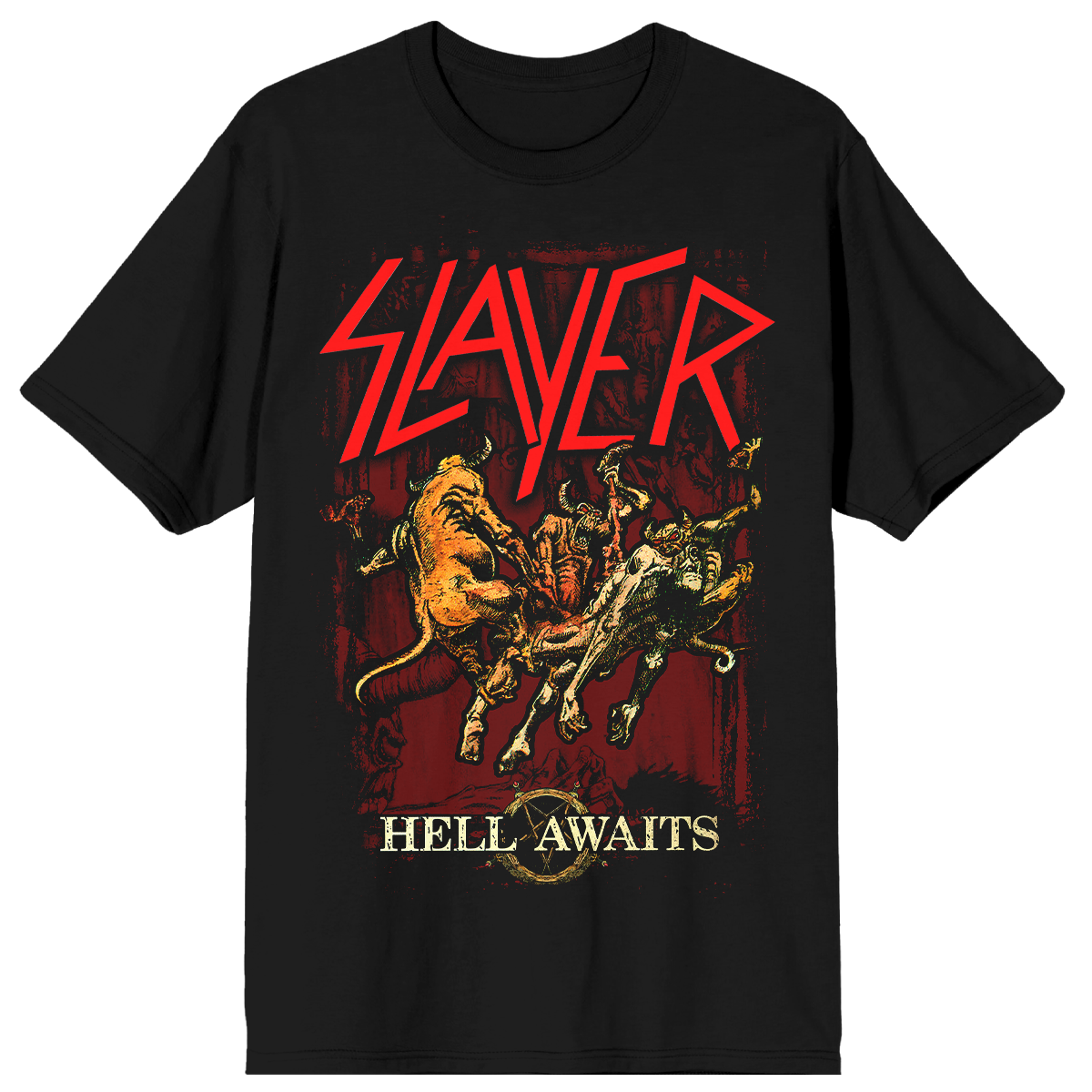The Hell Awaits Album Cover Tee unleashes Slayer‚Äôs iconic 1985 album artwork across the front in full, fiery color. Turn around, and you‚Äôll find the entire tracklist burned into the back like a warning from the depths.
 
 Crafted from ultra-soft ringspun cotton, this tee delivers that vintage lived-in feel with a durable, ready-for-anything construction. It‚Äôs lightweight, comfortable, and built to survive the pit.