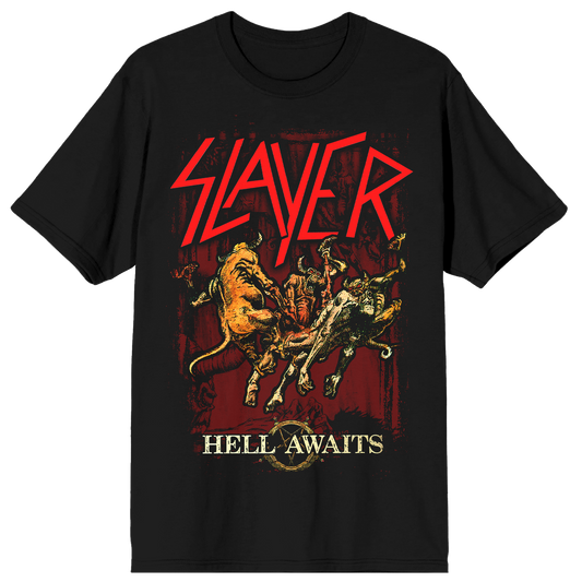 The Hell Awaits Album Cover Tee unleashes Slayer‚Äôs iconic 1985 album artwork across the front in full, fiery color. Turn around, and you‚Äôll find the entire tracklist burned into the back like a warning from the depths.
 
 Crafted from ultra-soft ringspun cotton, this tee delivers that vintage lived-in feel with a durable, ready-for-anything construction. It‚Äôs lightweight, comfortable, and built to survive the pit.