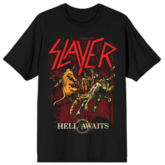 The Hell Awaits Album Cover Tee unleashes Slayer‚Äôs iconic 1985 album artwork across the front in full, fiery color. Turn around, and you‚Äôll find the entire tracklist burned into the back like a warning from the depths.
 
 Crafted from ultra-soft ringspun cotton, this tee delivers that vintage lived-in feel with a durable, ready-for-anything construction. It‚Äôs lightweight, comfortable, and built to survive the pit.