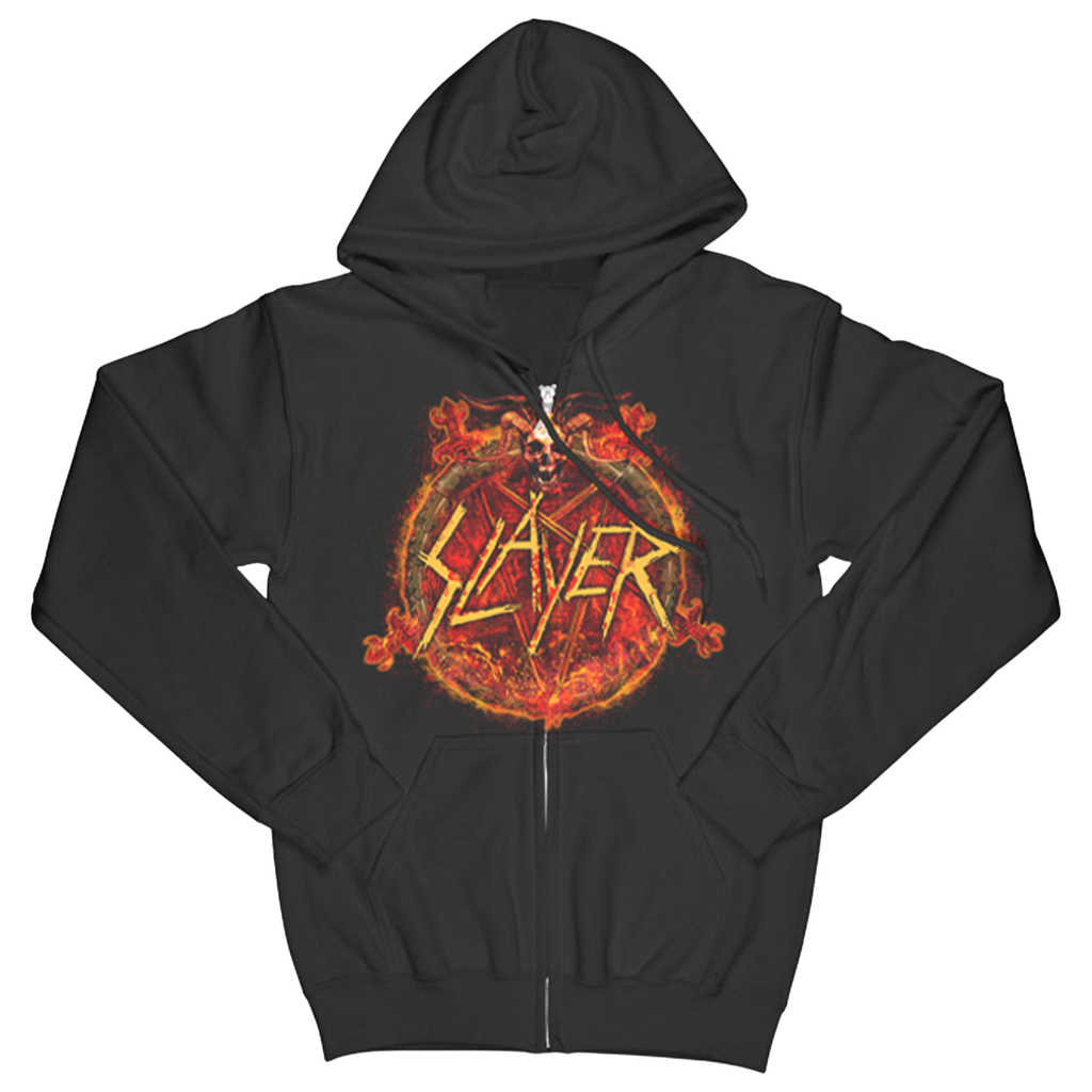 The "Fire and Blood" hoodie from Slayer brings the heat with intense front and back artwork. Featuring the fiery Slayer logo and a skeleton warrior in flames, this hoodie makes a bold statement for any Slayer fan. With a comfortable fit and a drawstring hood, it's perfect for concerts, everyday wear.