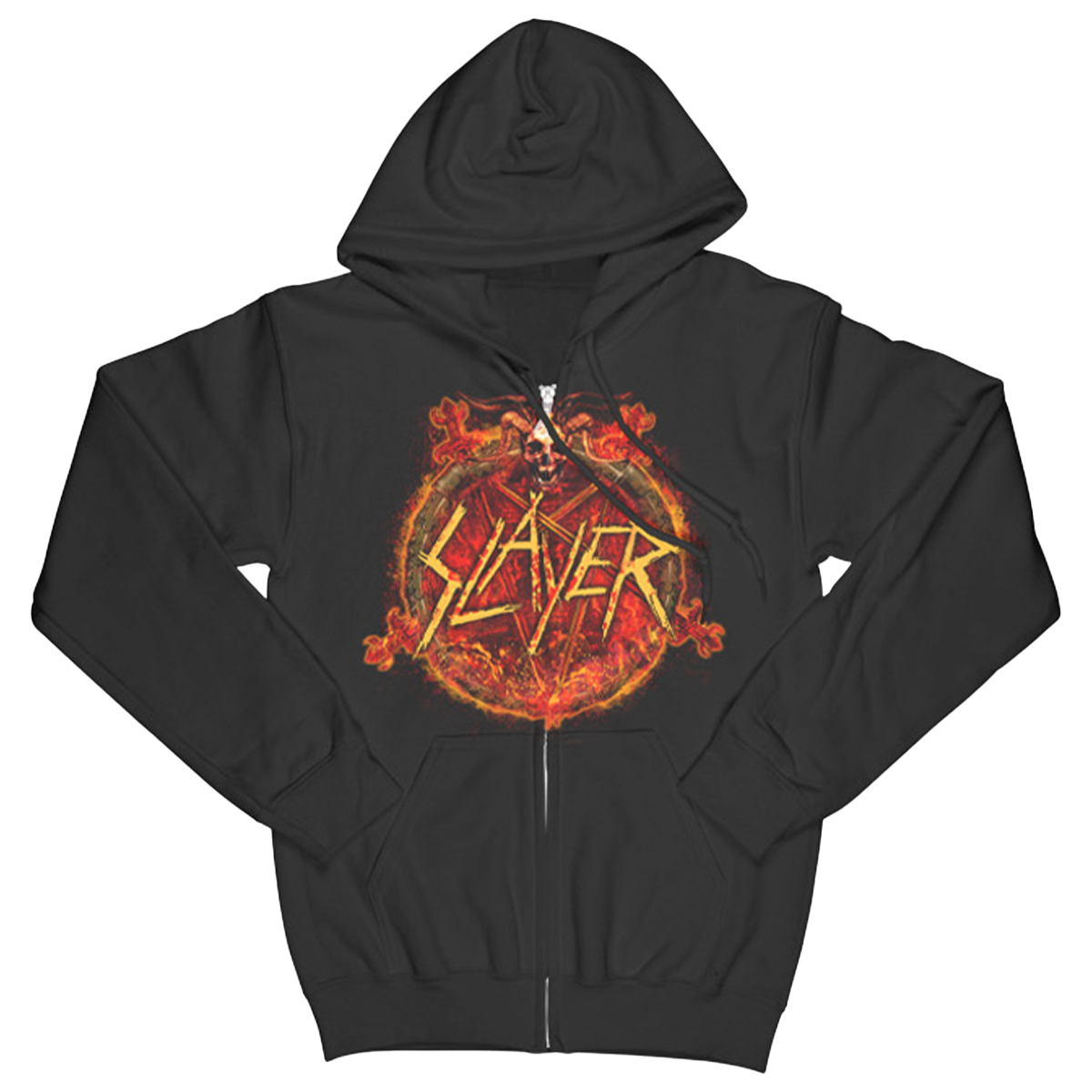 The "Fire and Blood" hoodie from Slayer brings the heat with intense front and back artwork. Featuring the fiery Slayer logo and a skeleton warrior in flames, this hoodie makes a bold statement for any Slayer fan. With a comfortable fit and a drawstring hood, it's perfect for concerts, everyday wear.