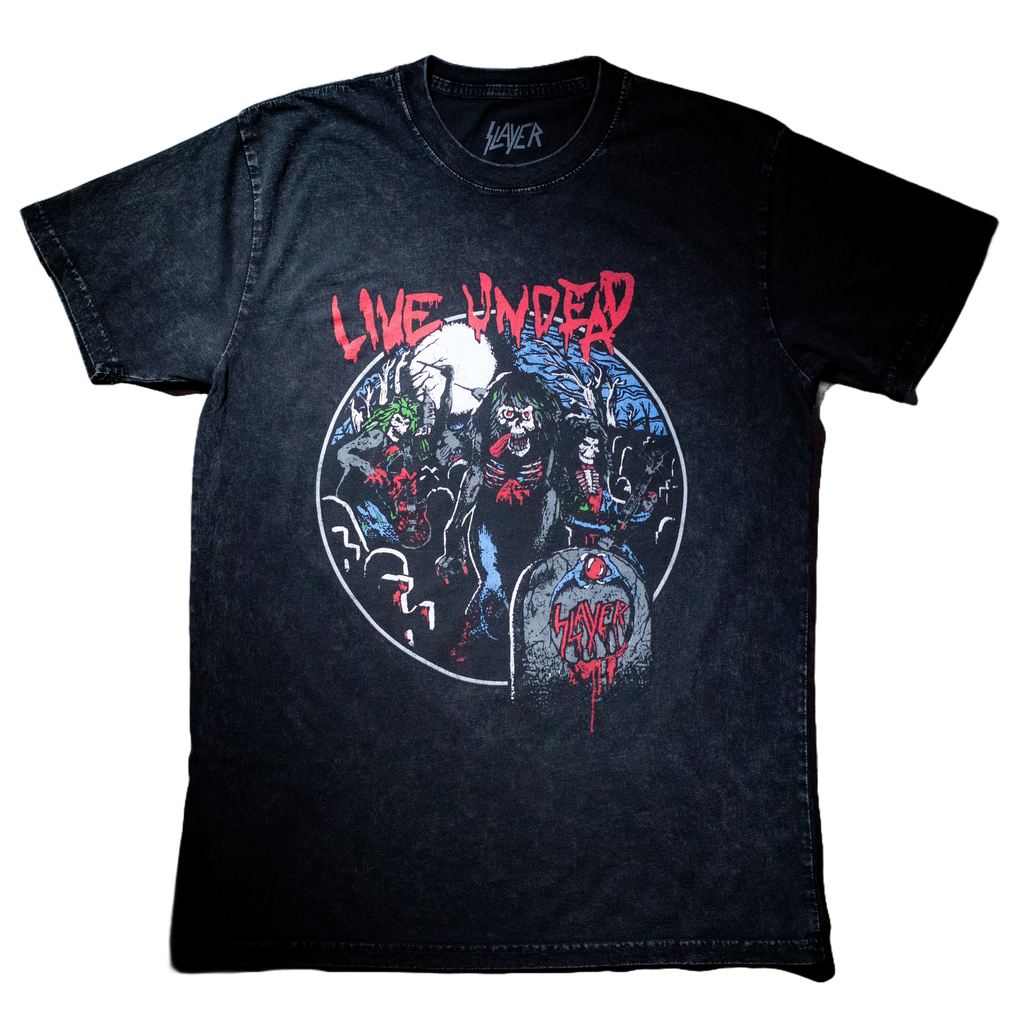 Commemorate the 40th anniversary of Slayer‚Äôs iconic with the Live Undead album with this special Anniversary Edition stonewashed tee. This premium staple stone wash t-shirt has a vintage look and feel to give it a perfectly worn-in feel the moment you put it on.
 
 100% ring-spun cotton fabric
 Stonewashed finished classic
 40th Anniversary Live Undead Collection