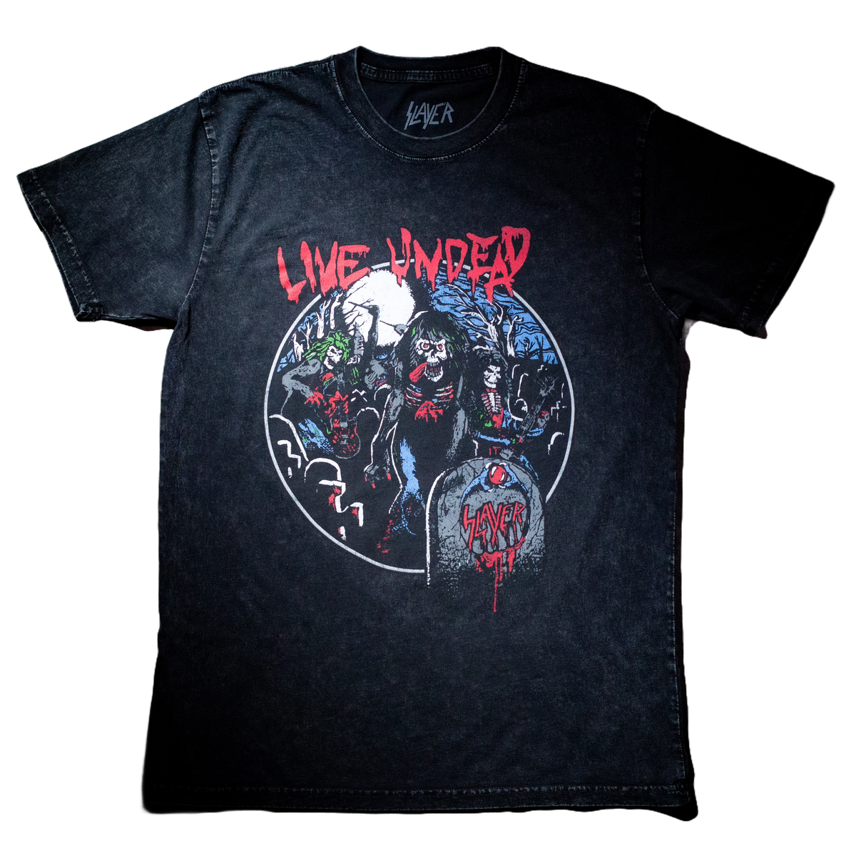 Commemorate the 40th anniversary of Slayer‚Äôs iconic with the Live Undead album with this special Anniversary Edition stonewashed tee. This premium staple stone wash t-shirt has a vintage look and feel to give it a perfectly worn-in feel the moment you put it on.
 
 100% ring-spun cotton fabric
 Stonewashed finished classic
 40th Anniversary Live Undead Collection