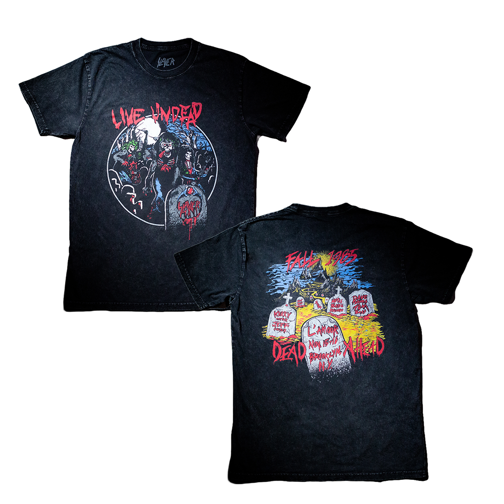 Commemorate the 40th anniversary of Slayer‚Äôs iconic with the Live Undead album with this special Anniversary Edition stonewashed tee. This premium staple stone wash t-shirt has a vintage look and feel to give it a perfectly worn-in feel the moment you put it on.
 
 100% ring-spun cotton fabric
 Stonewashed finished classic
 40th Anniversary Live Undead Collection