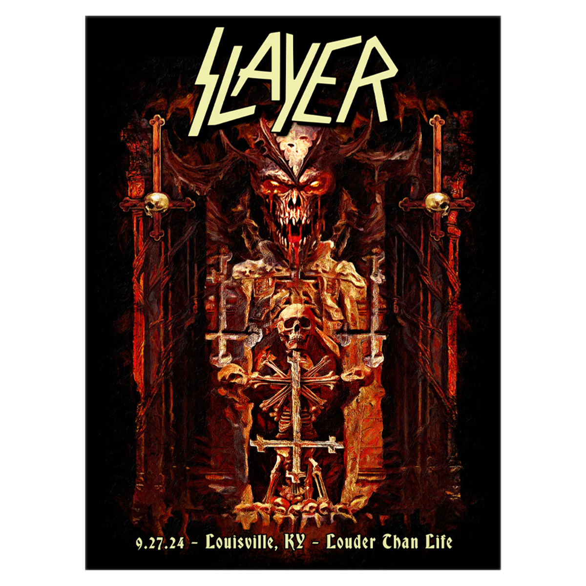 Commemorate Slayer‚Äôs appearance at Louder Than Life with this 18"x24" poster. Featuring intricate gothic artwork and the band‚Äôs signature logo, this piece highlights the spirit of their 9.27.24 show in Louisville, KY.&nbsp;
 
 Dimensions: Standard (18" x 24")
 Limited quantities left. Only available while supplies last.