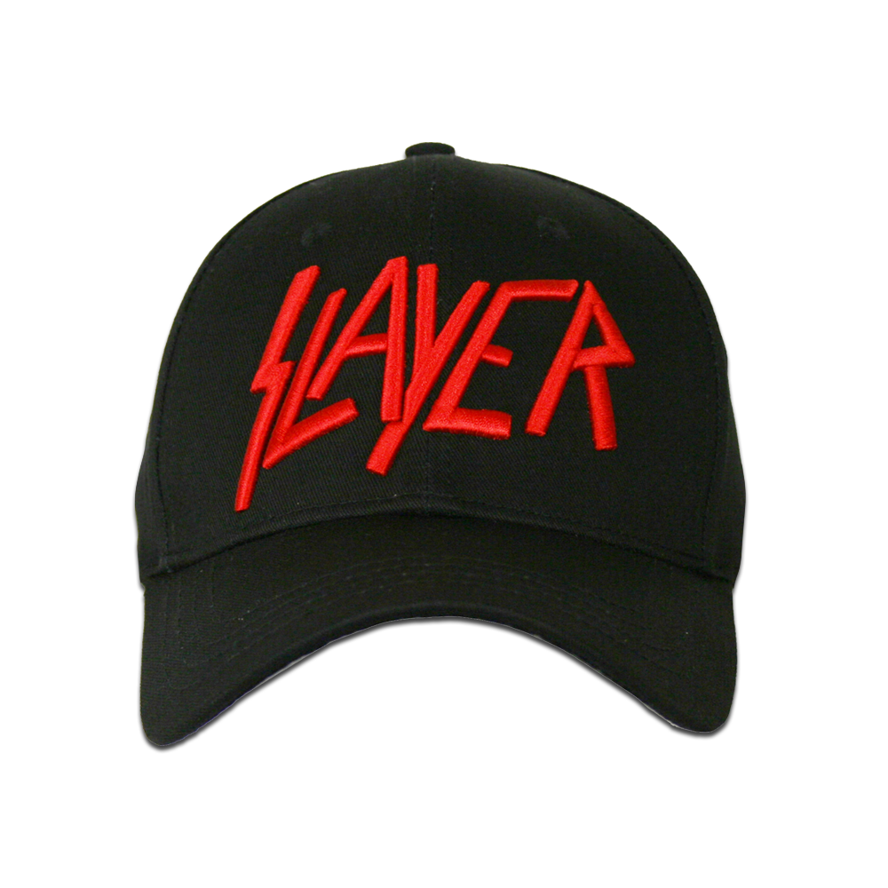 Front angle of the Slayer Red embroidered Logo Snapback Cap.