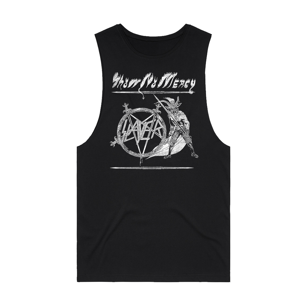 Official Slayer merchandise. A classic black cotton sleeveless tank top with raw edge armholes and a round crew neckline. Featuring the Slayer logo and Show No Mercy artwork.