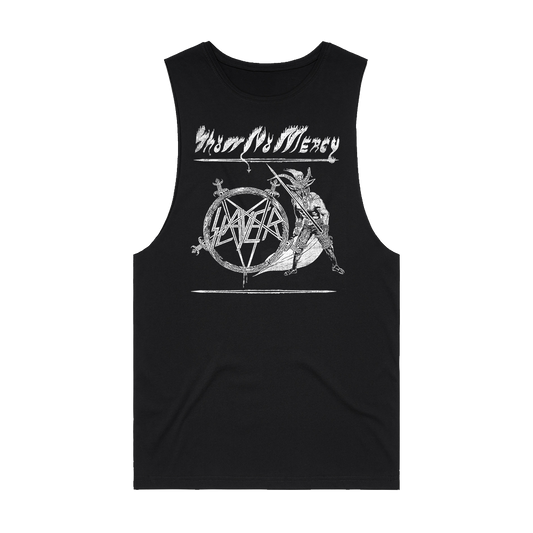 Official Slayer merchandise. A classic black cotton sleeveless tank top with raw edge armholes and a round crew neckline. Featuring the Slayer logo and Show No Mercy artwork.