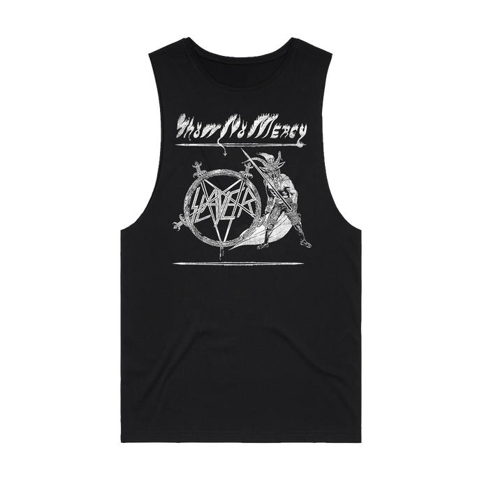 Official Slayer merchandise. A classic black cotton sleeveless tank top with raw edge armholes and a round crew neckline. Featuring the Slayer logo and Show No Mercy artwork.