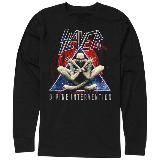 The Divine Triangle Demon Long Sleeve Tee was specially designed to celebrate the 30th anniversary of Slayer's legendary Divine Intervention album. he detailed demon triangle design stands boldly against the premium fabric, making it a perfect tribute to Slayer‚Äôs iconic album.
 
 Made from 100% combed ring-spun cotton