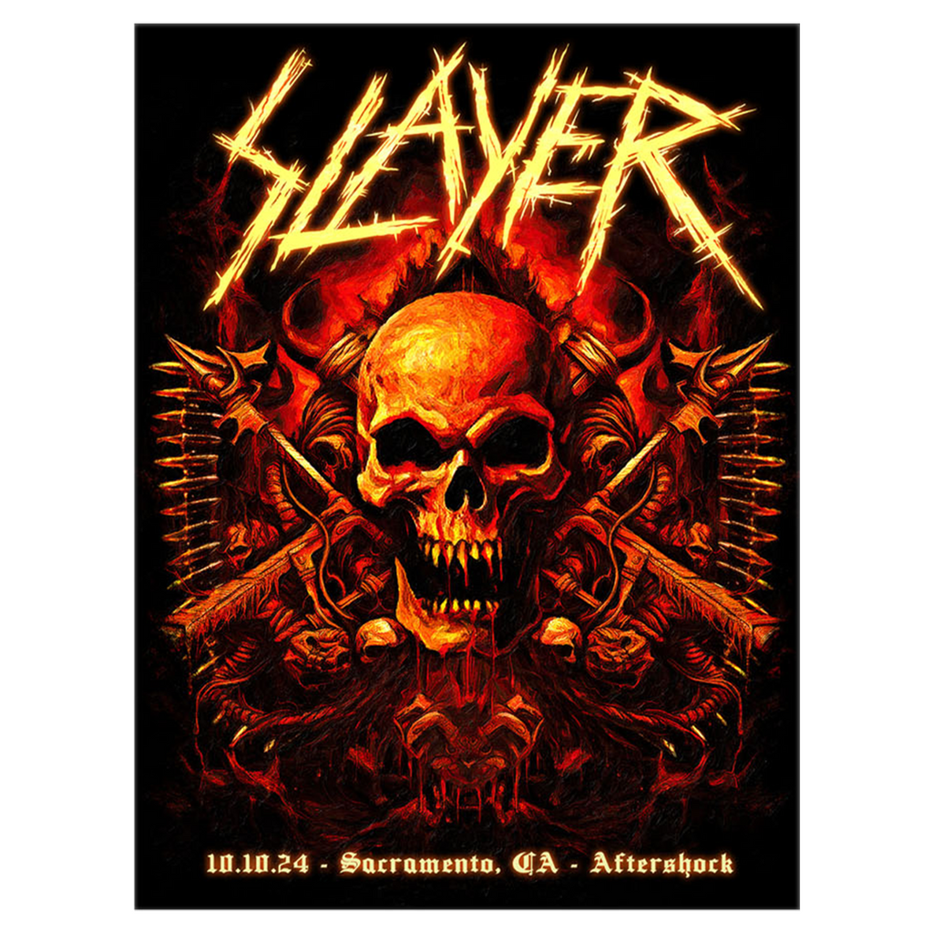 The official Slayer Aftershock Poster, offers a fiery tribute to the legendary band's unforgettable performance at Aftershock Festival in Sacramento, CA, on October 10, 2024. This striking artwork features a menacing, flame-drenched skull surrounded by intricate spiked designs.