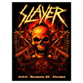 The official Slayer Aftershock Poster, offers a fiery tribute to the legendary band's unforgettable performance at Aftershock Festival in Sacramento, CA, on October 10, 2024. This striking artwork features a menacing, flame-drenched skull surrounded by intricate spiked designs.