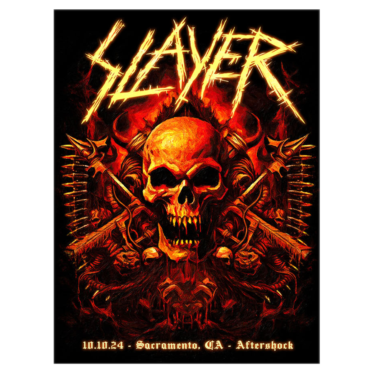 The official Slayer Aftershock Poster, offers a fiery tribute to the legendary band's unforgettable performance at Aftershock Festival in Sacramento, CA, on October 10, 2024. This striking artwork features a menacing, flame-drenched skull surrounded by intricate spiked designs.