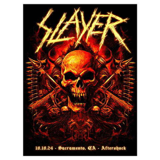 The official Slayer Aftershock Poster, offers a fiery tribute to the legendary band's unforgettable performance at Aftershock Festival in Sacramento, CA, on October 10, 2024. This striking artwork features a menacing, flame-drenched skull surrounded by intricate spiked designs.