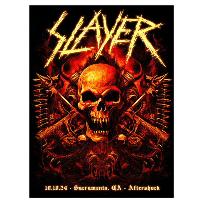 The official Slayer Aftershock Poster, offers a fiery tribute to the legendary band's unforgettable performance at Aftershock Festival in Sacramento, CA, on October 10, 2024. This striking artwork features a menacing, flame-drenched skull surrounded by intricate spiked designs.