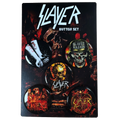 This button set features 5 unique designs! Each button showcases bold Slayer imagery, including the Slayer Nation skull, flaming logo, and album-inspired artwork. Add these buttons to your denim jackets, bags, or even display them as collectibles.