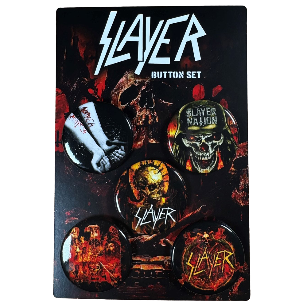 This button set features 5 unique designs! Each button showcases bold Slayer imagery, including the Slayer Nation skull, flaming logo, and album-inspired artwork. Add these buttons to your denim jackets, bags, or even display them as collectibles.