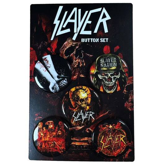 This button set features 5 unique designs! Each button showcases bold Slayer imagery, including the Slayer Nation skull, flaming logo, and album-inspired artwork. Add these buttons to your denim jackets, bags, or even display them as collectibles.