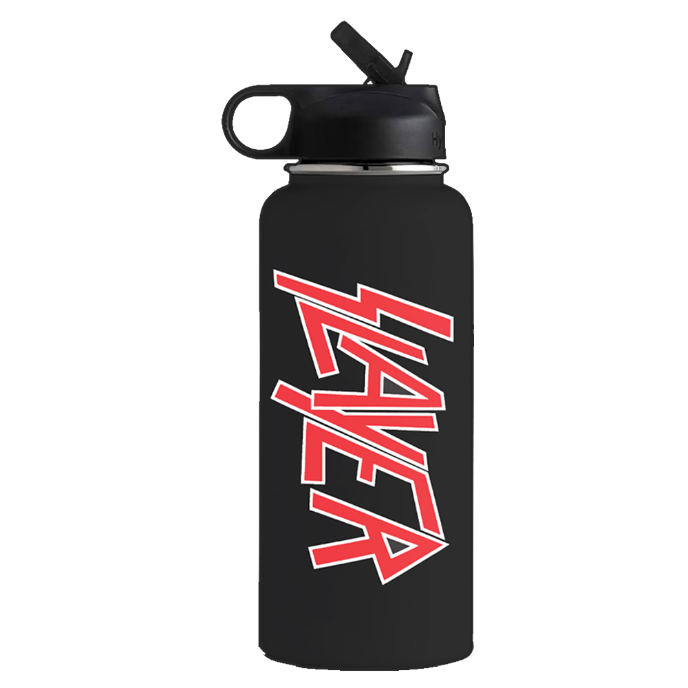 Classic Logo Premium Water Bottle is a 32oz matte black bottle with double-wall insulation, a flip-straw lid, and the iconic red Slayer logo.