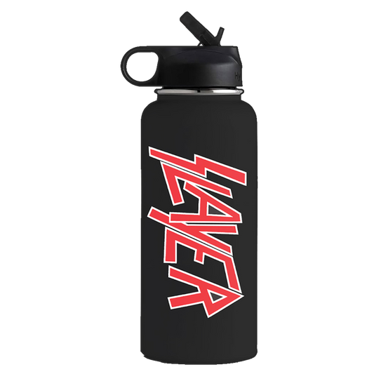 Classic Logo Premium Water Bottle is a 32oz matte black bottle with double-wall insulation, a flip-straw lid, and the iconic red Slayer logo.