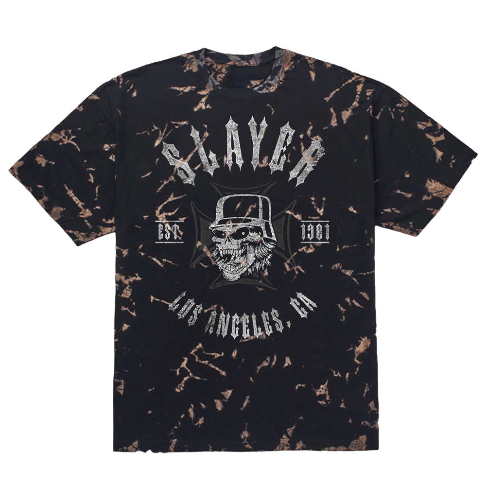 Black tie-dye t-shirt with 'Slayer' graphic design on a white background