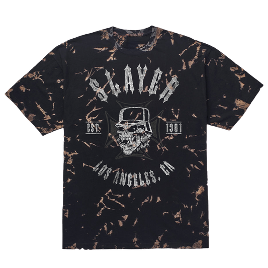 Black tie-dye t-shirt with 'Slayer' graphic design on a white background