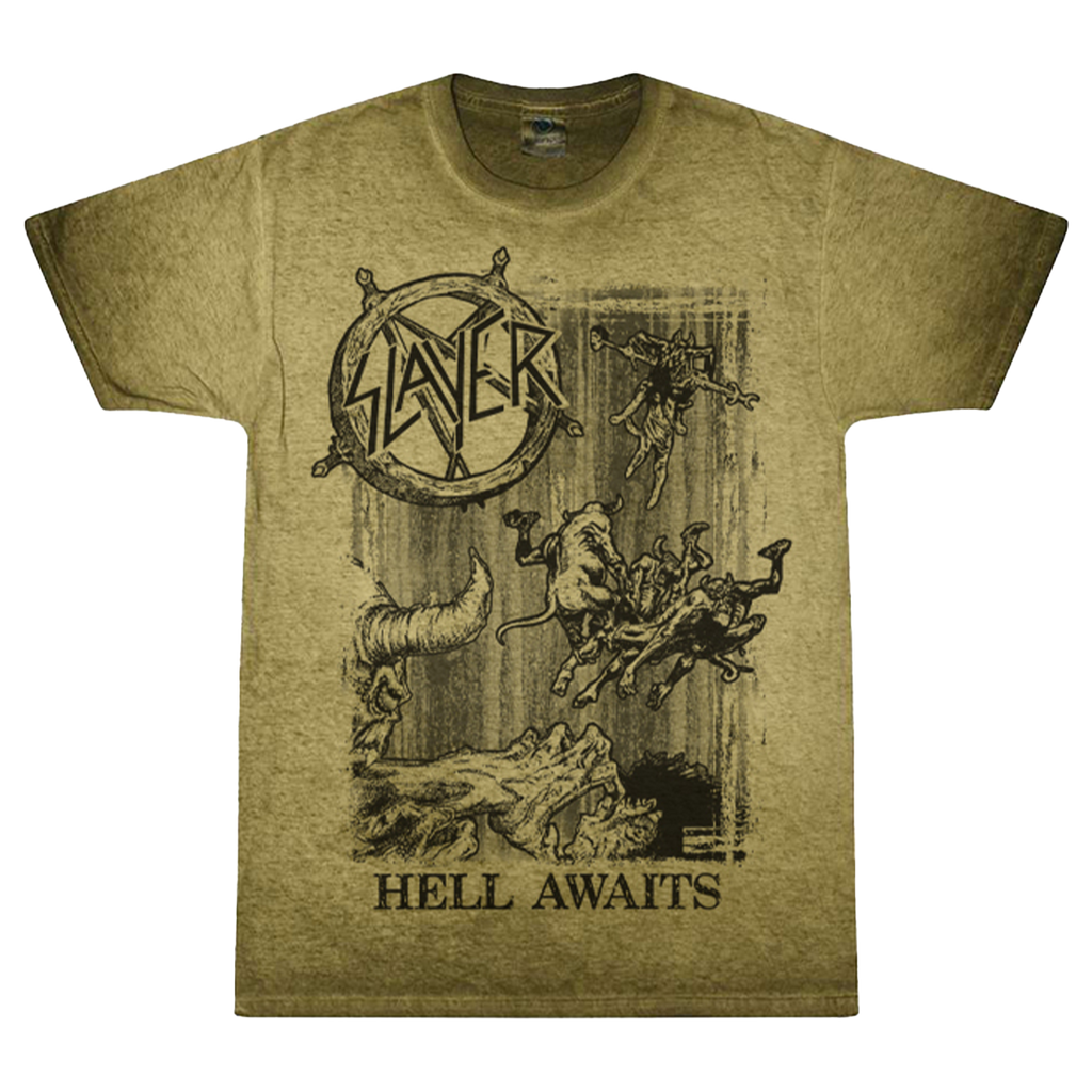 A green mineral-washed cotton t-shirt with 'Hell Awaits' text and a pentagram logo, featuring a black and white printed design of a demon.
