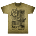 A green mineral-washed cotton t-shirt with 'Hell Awaits' text and a pentagram logo, featuring a black and white printed design of a demon.