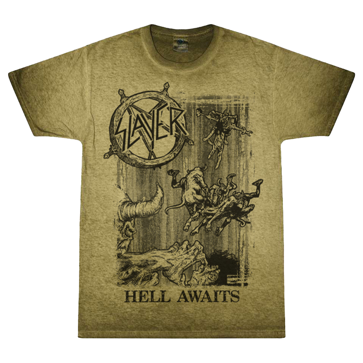 A green mineral-washed cotton t-shirt with 'Hell Awaits' text and a pentagram logo, featuring a black and white printed design of a demon.