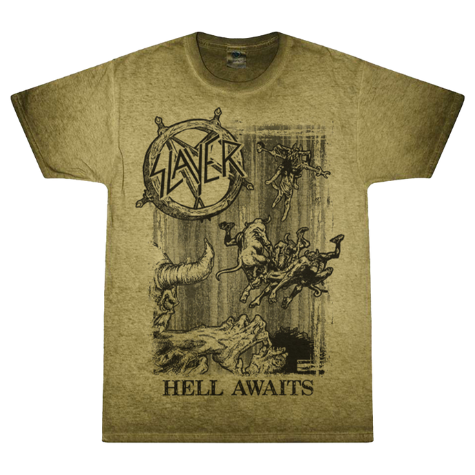 A green mineral-washed cotton t-shirt with 'Hell Awaits' text and a pentagram logo, featuring a black and white printed design of a demon.