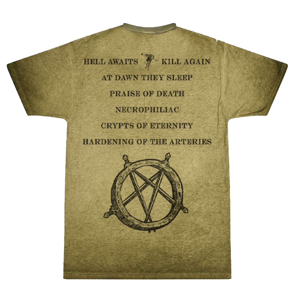 Slayer, Green Hell Awaits T-Shirt with Hell Awaits tracklist printed on the back.